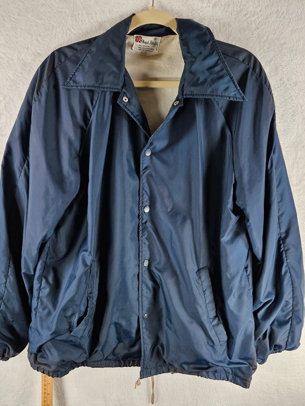 Royal Knight Vintage Nylon Coach Jacket Flannel Lined Navy Blue Size Medium
